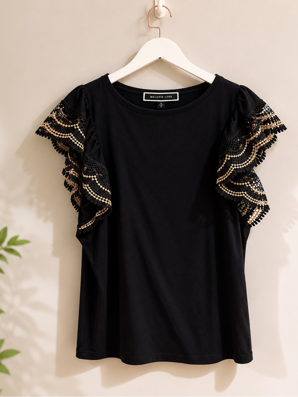 Black Top with Lace Ruffle Sleeves sz S NWOT